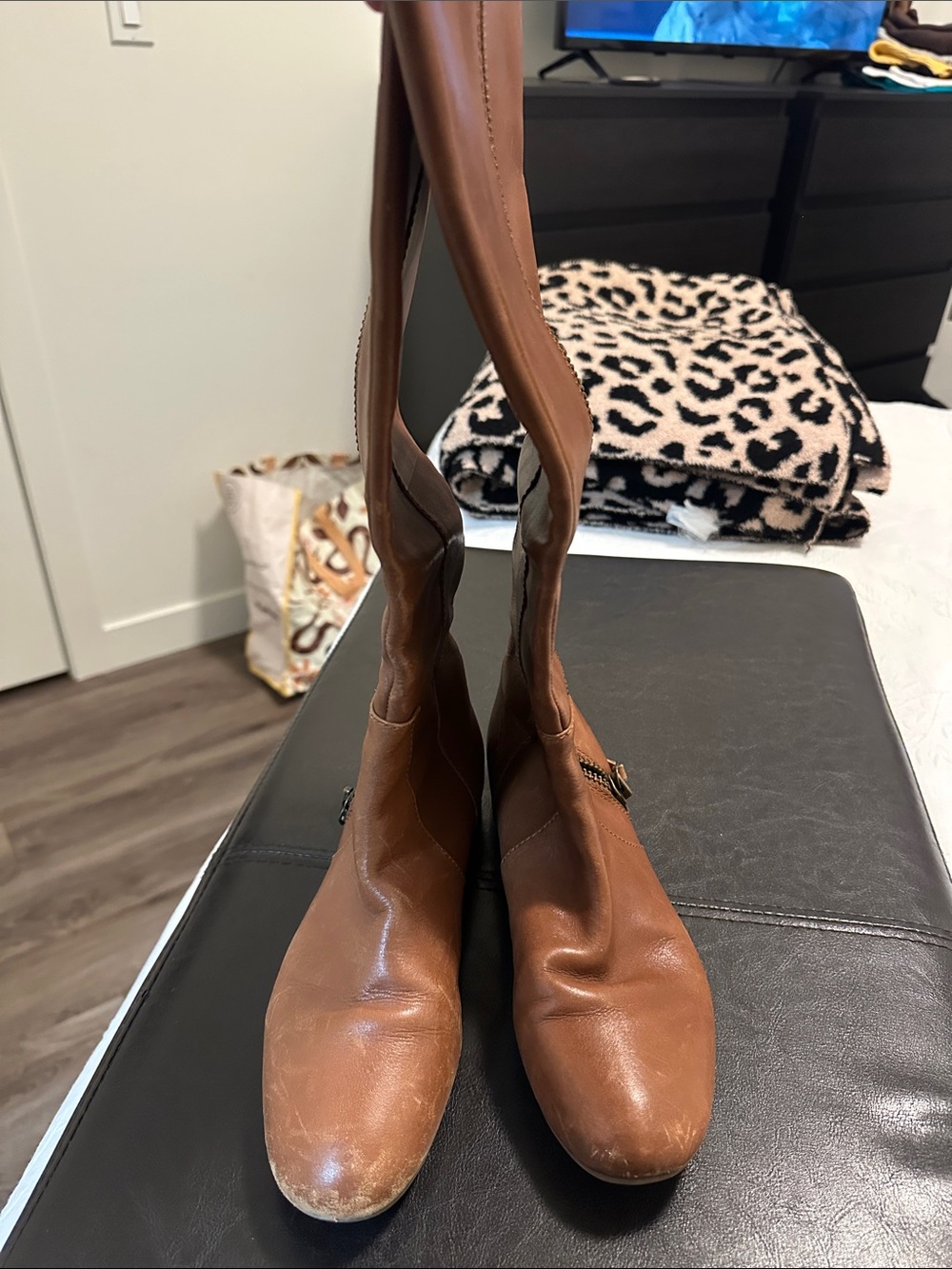 Nine West Cognac Brown Leather Knee Boots with Side Zip - Picture 5 of 10